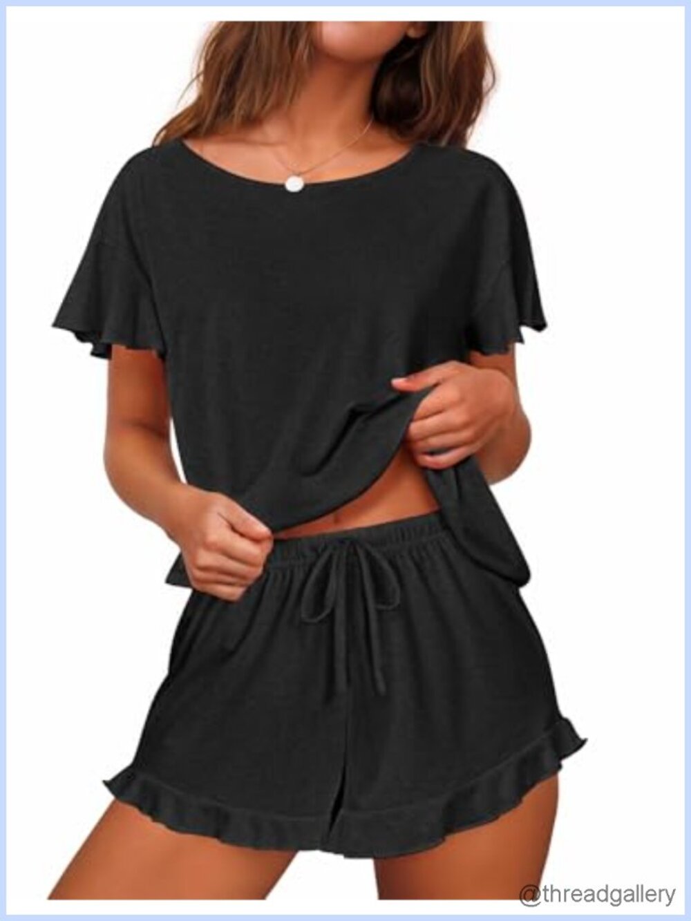 Women's 2 Piece Pajama Set Ruffle Sleeve Top and Drawstring Shorts Sleepwear